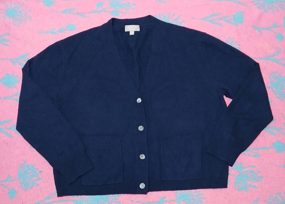 J.crew women medium 100% cashmere cardigan navy blue good cashmere standard boxy
